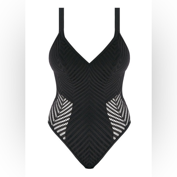 Freya Urban Plunge OnePiece swimsuit w lace chevron cutouts US10 UK 14 Black - Picture 4 of 9